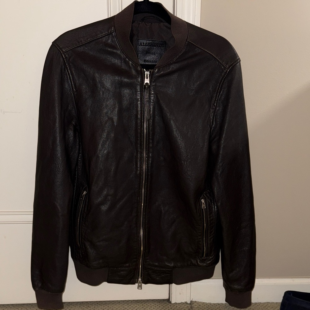 AllSaints Men's Dark Brown Leather Bomber Jacket